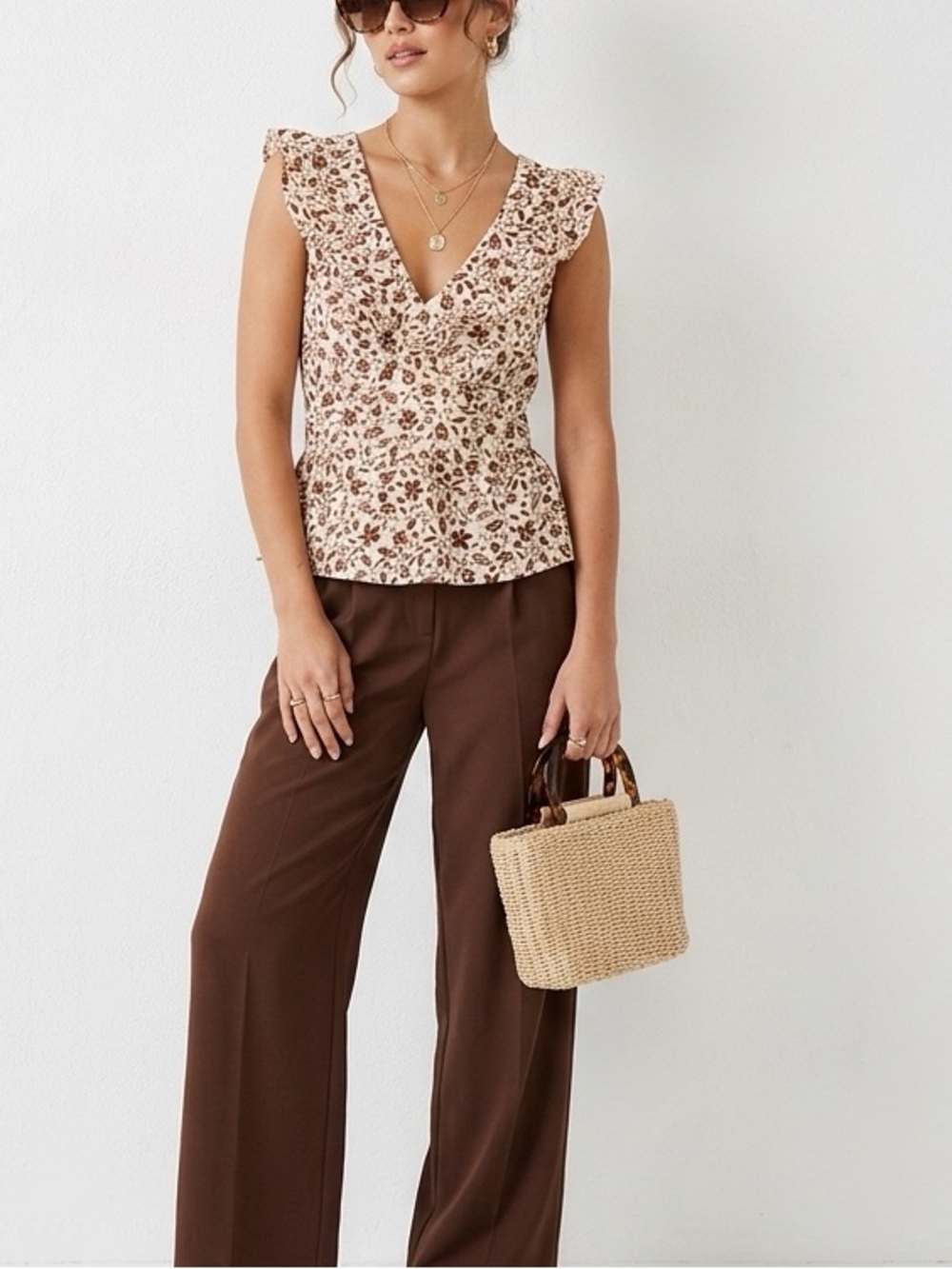 OLD NAVY Brown Floral Ruffle V Neck Blouse Flutter Sleeve Back Tie Top Sz S💛